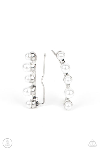 A bubbly row of white pearls dots a shiny silver bar that delicately climbs the ear. Features an extended post fitting that climbs the back of the ear and can be pressed together for a more secure fit. 