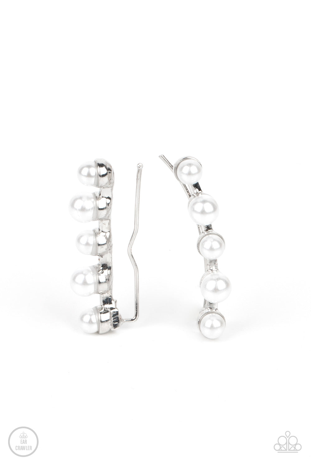 A bubbly row of white pearls dots a shiny silver bar that delicately climbs the ear. Features an extended post fitting that climbs the back of the ear and can be pressed together for a more secure fit. 