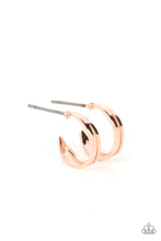 Load image into Gallery viewer, Two flat rose gold bars delicately curve into a single hoop, creating a dainty layered look. Earring attaches to a standard post fitting. Hoop measures approximately 1/2&quot; in diameter.
