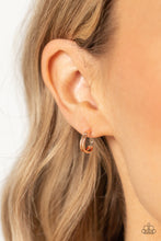 Load image into Gallery viewer, Two flat rose gold bars delicately curve into a single hoop, creating a dainty layered look. Earring attaches to a standard post fitting. Hoop measures approximately 1/2&quot; in diameter.
