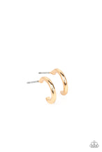 Load image into Gallery viewer, A glistening gold bar curves into a classic hoop, creating a dainty peek of shimmer. Earring attaches to a standard post fitting. Hoop measures approximately 1/2&quot; in diameter.
