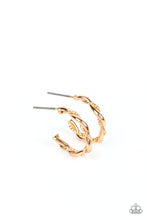 Load image into Gallery viewer, A mismatched pair of glistening gold wires delicately twists into a classic hoop, creating a dainty peek of shimmer. Earring attaches to a standard post fitting. Hoop measures approximately 1/2&quot; in diameter.
