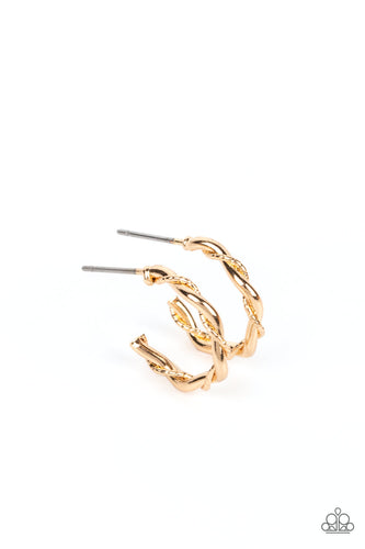 A mismatched pair of glistening gold wires delicately twists into a classic hoop, creating a dainty peek of shimmer. Earring attaches to a standard post fitting. Hoop measures approximately 1/2