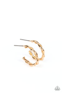 A mismatched pair of glistening gold wires delicately twists into a classic hoop, creating a dainty peek of shimmer. Earring attaches to a standard post fitting. Hoop measures approximately 1/2" in diameter.