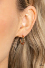 Load image into Gallery viewer, A mismatched pair of glistening gold wires delicately twists into a classic hoop, creating a dainty peek of shimmer. Earring attaches to a standard post fitting. Hoop measures approximately 1/2&quot; in diameter.
