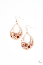 Load image into Gallery viewer, Featuring square, marquise, teardrop, and round cuts, an effervescent collection of pink and iridescent rhinestones delicately collects along the bottom of a studded rose gold teardrop for a bubbly finish. Earring attaches to a standard fishhook fitting. 
