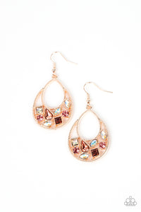 Featuring square, marquise, teardrop, and round cuts, an effervescent collection of pink and iridescent rhinestones delicately collects along the bottom of a studded rose gold teardrop for a bubbly finish. Earring attaches to a standard fishhook fitting. 