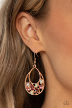 Load image into Gallery viewer, Featuring square, marquise, teardrop, and round cuts, an effervescent collection of pink and iridescent rhinestones delicately collects along the bottom of a studded rose gold teardrop for a bubbly finish. Earring attaches to a standard fishhook fitting. 
