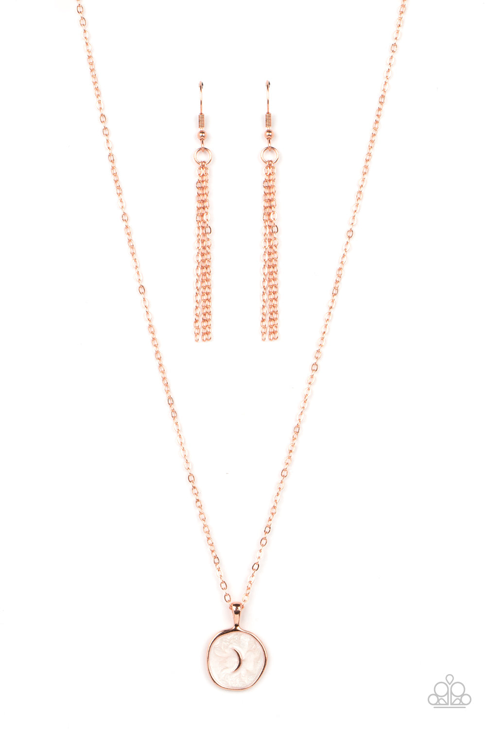 Painted in a shimmery white lacquer finish, an asymmetrical shiny copper disc is dotted in a dainty shiny copper moon accent as is swings from the bottom of a dainty shiny copper chain below the collar for an enchanting finish. Features an adjustable clasp closure. 