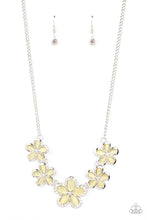 Load image into Gallery viewer, Bordered in silver accents, dainty yellow cat&#39;s eye stone petals bloom from dainty white rhinestone centers, linking into ethereal blossoms below the collar. The centermost daisy is dotted in glassy white rhinestones, adding dazzling dimension to the floral fairytale. Features an adjustable clasp closure
