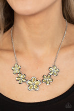 Load image into Gallery viewer, Bordered in silver accents, dainty yellow cat&#39;s eye stone petals bloom from dainty white rhinestone centers, linking into ethereal blossoms below the collar. The centermost daisy is dotted in glassy white rhinestones, adding dazzling dimension to the floral fairytale. Features an adjustable clasp closure
