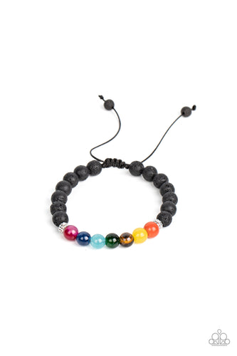 A pair of textured silver accents flanks a rainbow of glassy stone beads along a black lava rock beaded cord, resulting in a rustic pop of color around the wrist. Features an adjustable sliding knot closure. 
