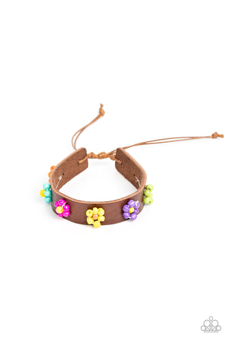 Multicolored beads bloom into vivacious flowers across the front of a brown leather band, bursting into a colorful floral accent. Features an adjustable sliding knot closure.