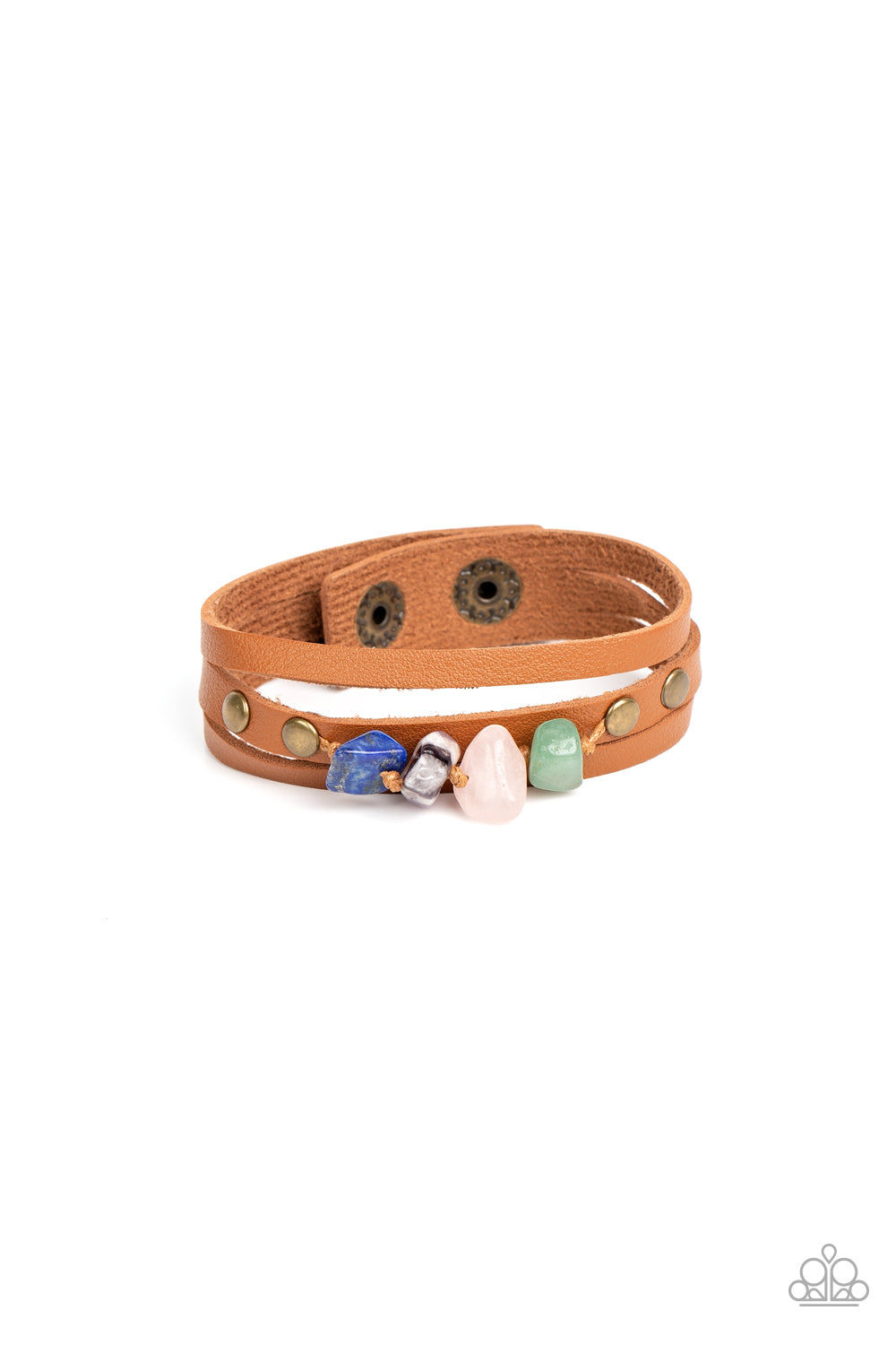 Chunks of jade, rose quartz, amethyst, and lapis lazuli stones are threaded along a knotted cord that is studded in place along the center band of a layered leather bracelet for a seasonal finish. Features an adjustable snap closure.