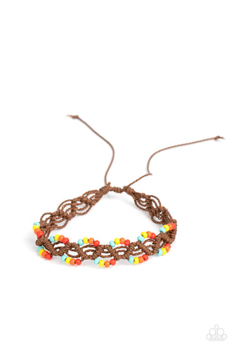 Dainty strands of twisted brown cording decoratively weaves into a net-like braid around the wrist. Sections of blue, yellow, orange, and red seed beads are threaded along the edges, creating colorful accents. Features an adjustable sliding knot closure.