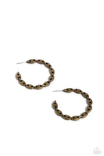 Load image into Gallery viewer, Featuring pairs of airy circles, flat and oval brass beads connect into an intricate hoop for an intense industrial vibe. Earring attaches to a standard post fitting. Hoop measures approximately 1 1/2&quot; in diameter.
