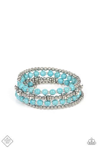 Sections of textured silver beads, antiqued silver beads, and rustic turquoise beads mixed with shiny silver accents, are threaded along an infinity wrap-style bracelet creating an earthy statement of stacked layers around the wrist.  Sold as one individual bracelet.  New Kit Fashion Fix