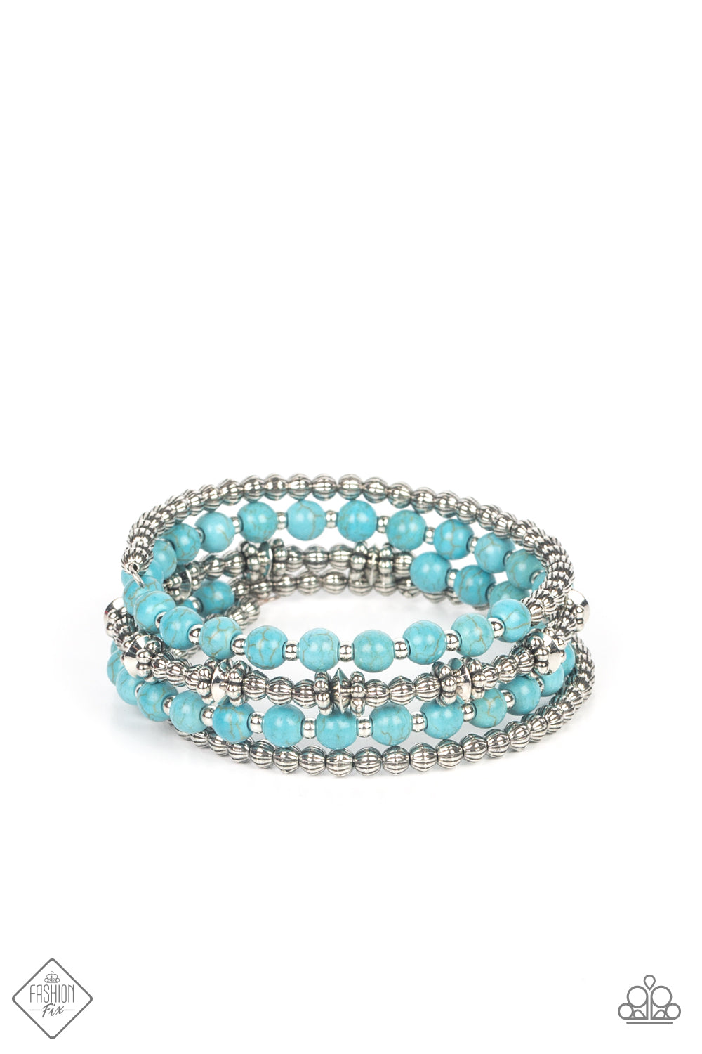Sections of textured silver beads, antiqued silver beads, and rustic turquoise beads mixed with shiny silver accents, are threaded along an infinity wrap-style bracelet creating an earthy statement of stacked layers around the wrist.  Sold as one individual bracelet.  New Kit Fashion Fix