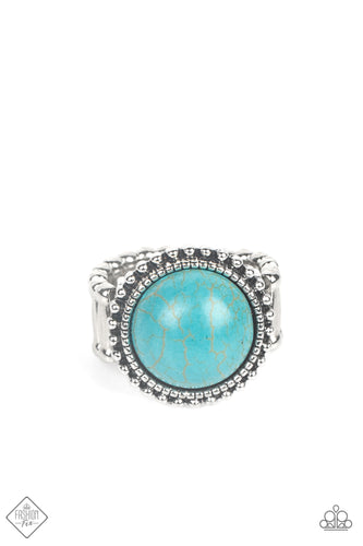 A round turquoise stone, encased in a studded and antiqued silver frame, creates a refreshingly vivid centerpiece atop the finger. Features a stretchy band for a flexible fit.  Sold as one individual ring.  New Kit Fashion Fix