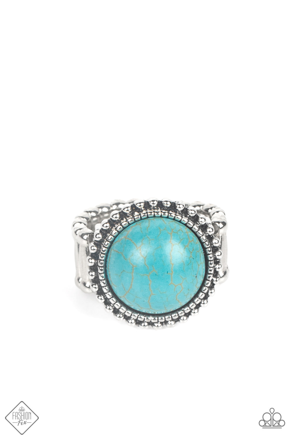 A round turquoise stone, encased in a studded and antiqued silver frame, creates a refreshingly vivid centerpiece atop the finger. Features a stretchy band for a flexible fit.  Sold as one individual ring.  New Kit Fashion Fix
