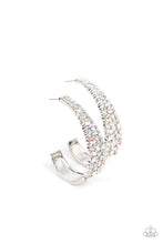 Load image into Gallery viewer, Iridescent rhinestones dot a silvery backdrop of icy white rhinestones that delicately curves into a solid silver J-hoop, resulting in a jaw-dropping dazzle. Earring attaches to a standard post fitting. Hoop measures approximately 1 1/2&quot; in diameter. 
