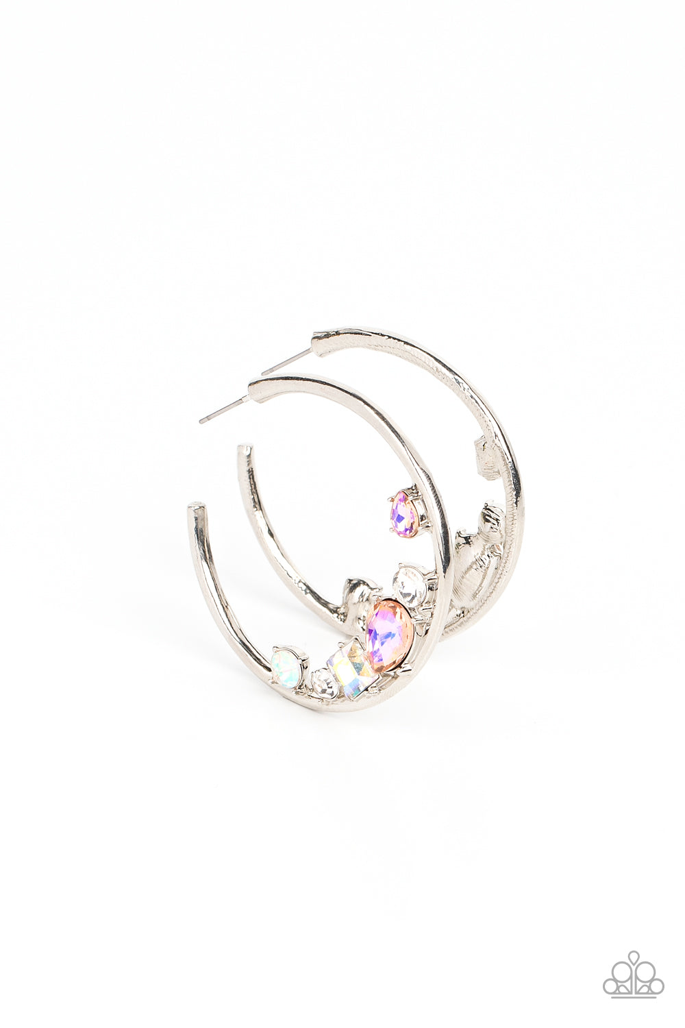 Featuring various cuts and shimmer, mismatched white, iridescent and UV peach rhinestones delicately collect along the bottom of a classic silver hoop for a glitzy accent. Earring attaches to a standard post fitting. Hoop measures approximately 1 3/4