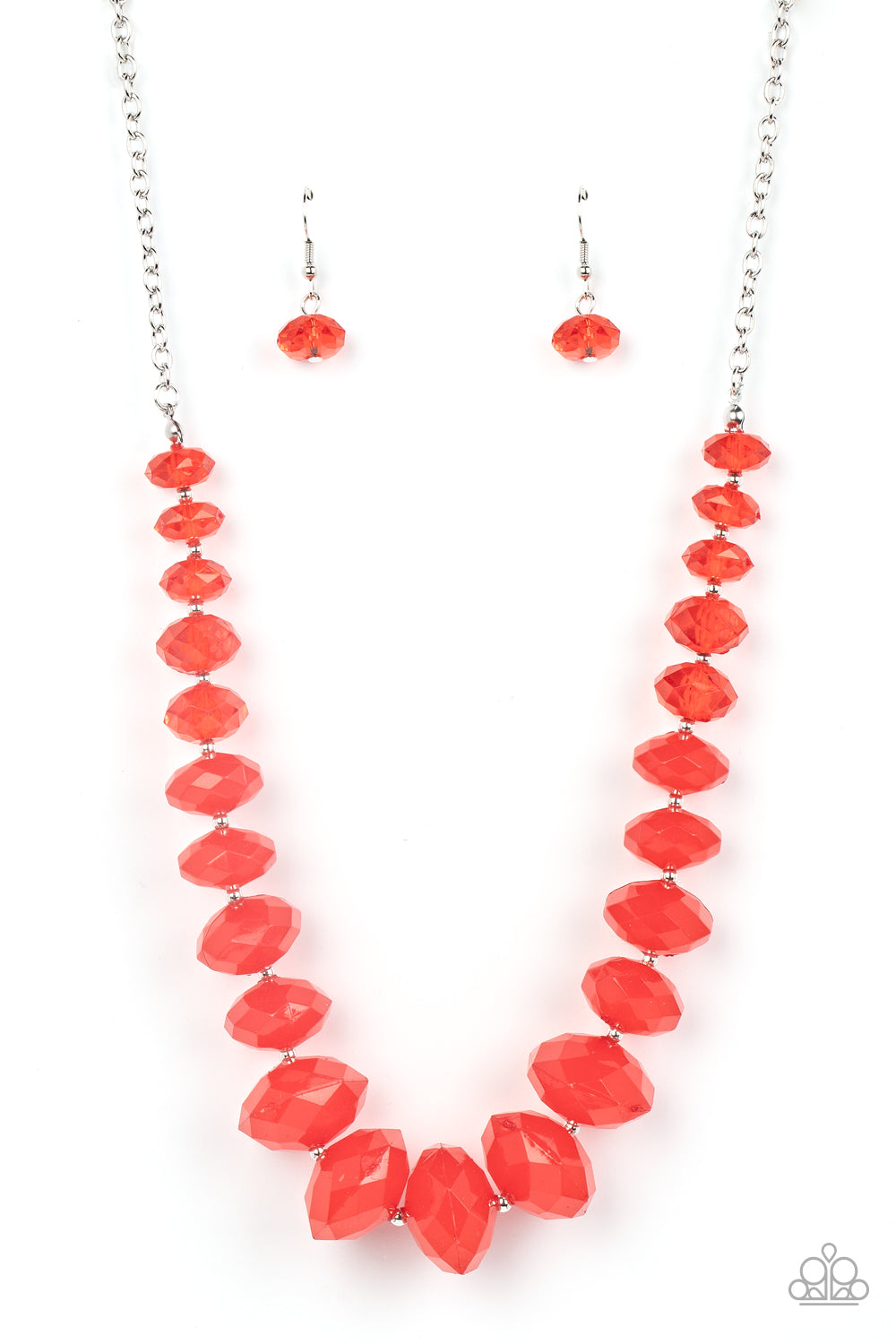 Separated by dainty silver beads, glassy Poinciana crystal-like beads gradually morph into opaque Poinciana crystal-like beads below the collar. The vibrant compilation grows in size and intensity further below the collar, adding dramatic dimension to the colorful centerpiece. Features an adjustable clasp closure.