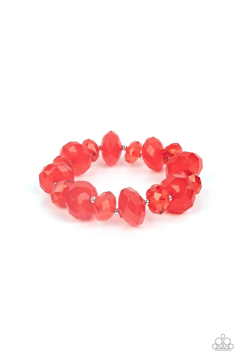 Infused with dainty silver beads, oversized opaque and glassy Poinciana crystal-like beads alternate along stretchy bands around the wrist for a playful pop of color.