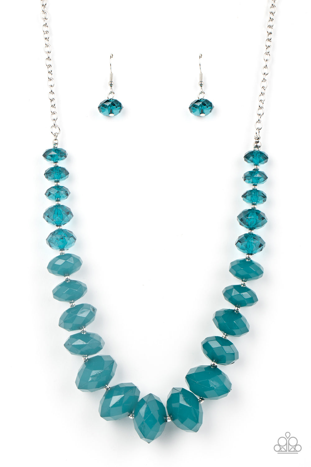 Separated by dainty silver beads, glassy Harbor Blue crystal-like beads gradually morph into opaque Harbor Blue crystal-like beads below the collar. The refreshing compilation grows in size and intensity further below the collar, adding dramatic dimension to the colorful centerpiece. Features an adjustable clasp closure.