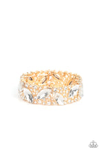 Load image into Gallery viewer, Oversized marquise cut white rhinestones sparkle atop icy frames of dainty gold studs and white rhinestones that are threaded along stretchy bands around the wrist for a jaw-dropping dazzle.
