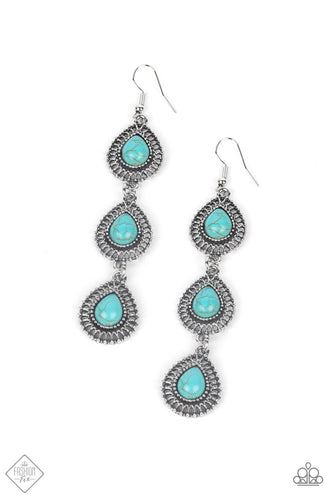 A trio of turquoise teardrop stones, encased in studded filigree frames, create a harmonious display as they cascade into an earthy lure. Earring attaches to a standard fishhook fitting.  Sold as one pair of earrings.  New Kit Fashion Fix