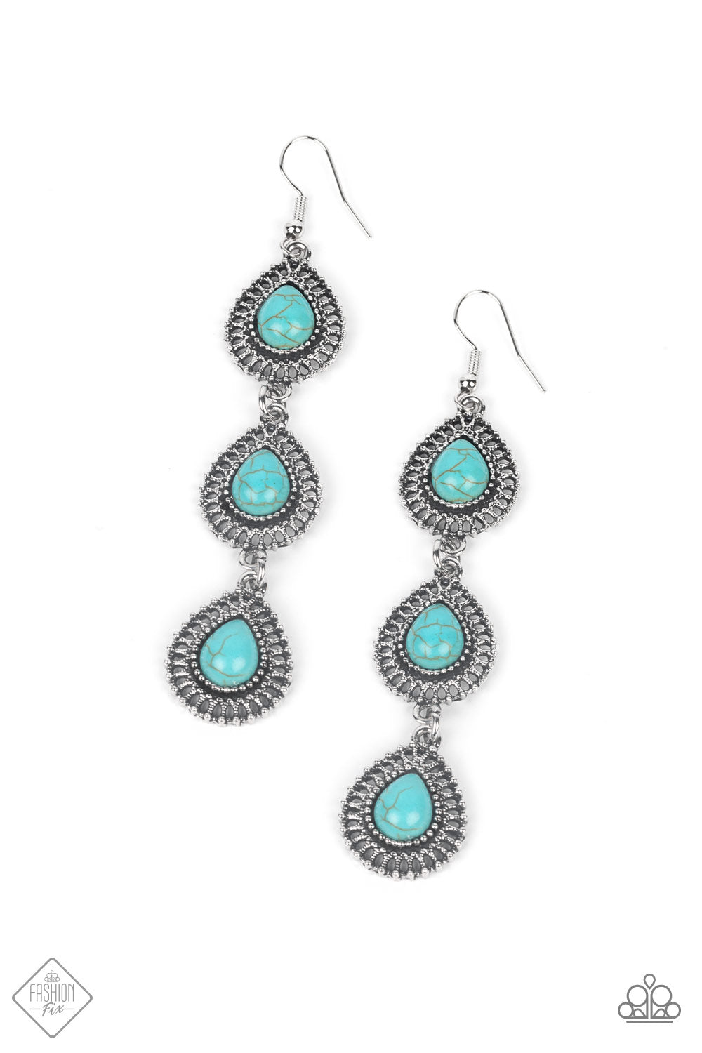 A trio of turquoise teardrop stones, encased in studded filigree frames, create a harmonious display as they cascade into an earthy lure. Earring attaches to a standard fishhook fitting.  Sold as one pair of earrings.  New Kit Fashion Fix