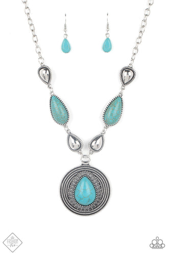An array of silver and turquoise teardrops give way to a rustic pendant composed of an earthy turquoise stone wrapped in a studded filigree frame. Layers of studded texture encircle the refreshing stone, creating a dramatic artisanal display below the collar. Features an adjustable clasp closure.  Sold as one individual necklace. Includes one pair of matching earrings.  New Kit Fashion Fix