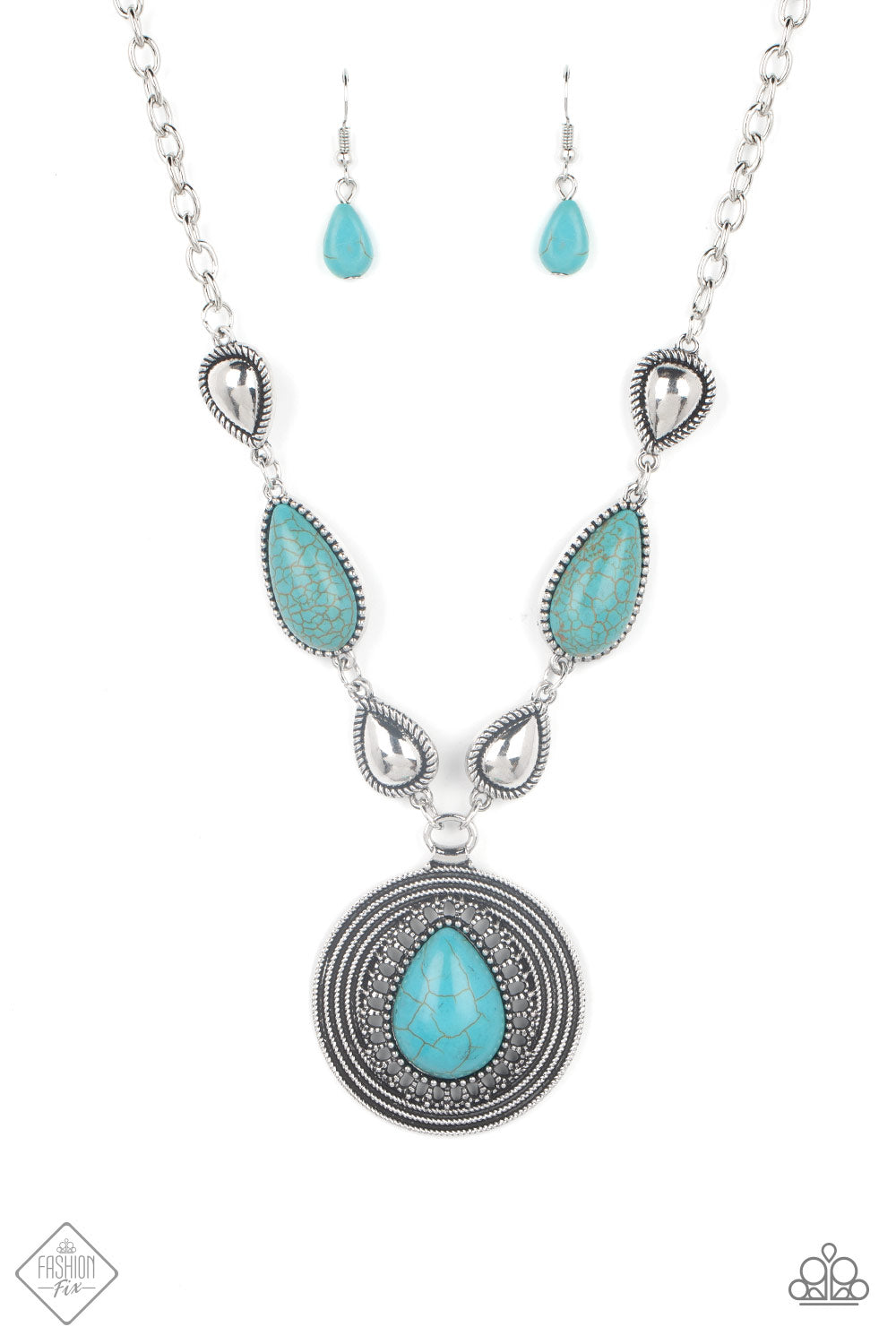 An array of silver and turquoise teardrops give way to a rustic pendant composed of an earthy turquoise stone wrapped in a studded filigree frame. Layers of studded texture encircle the refreshing stone, creating a dramatic artisanal display below the collar. Features an adjustable clasp closure.  Sold as one individual necklace. Includes one pair of matching earrings.  New Kit Fashion Fix