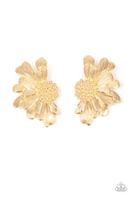 Load image into Gallery viewer, mperfect gold petals bloom from a studded center, layering into a glided half blossom for a whimsical flair. Earring attaches to a standard post fitting. 
