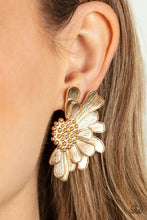 Load image into Gallery viewer, mperfect gold petals bloom from a studded center, layering into a glided half blossom for a whimsical flair. Earring attaches to a standard post fitting. 
