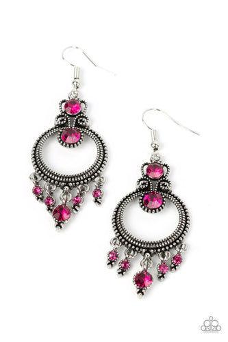 Sparkling with a pair of brilliant pink rhinestones, a studded filigree accent attaches to the top of a studded silver hoop brimming with antiqued textures. A dainty collection of pink rhinestones twinkles from the bottom of the frame, resulting in a glittery fringe. Earring attaches to a standard fishhook fitting. 