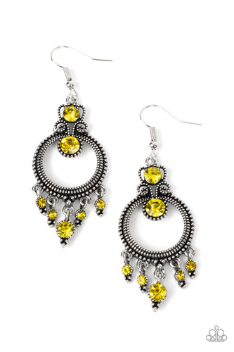 Sparkling with a pair of brilliant yellow rhinestones, a studded filigree accent attaches to the top of a studded silver hoop brimming with antiqued textures. A dainty collection of yellow rhinestones twinkles from the bottom of the frame, resulting in a glittery fringe. Earring attaches to a standard fishhook fitting. 