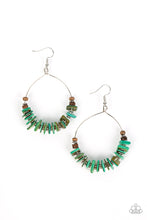 Load image into Gallery viewer, Infused with earthy wooden accents, studded silver rings and pieces of green shell-like pebbles alternate along a dainty wire hoop for a tropical inspiration. Earring attaches to a standard fishhook fitting.
