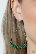 Load image into Gallery viewer, Infused with earthy wooden accents, studded silver rings and pieces of green shell-like pebbles alternate along a dainty wire hoop for a tropical inspiration. Earring attaches to a standard fishhook fitting.
