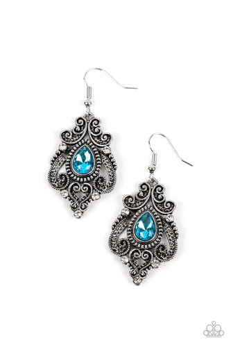 Dotted with hints of glassy white rhinestones, studded and antiqued silver bars whirl into a regal heart shaped motif around a glittery blue teardrop center for a romantic finish. Earring attaches to a standard fishhook fitting. 