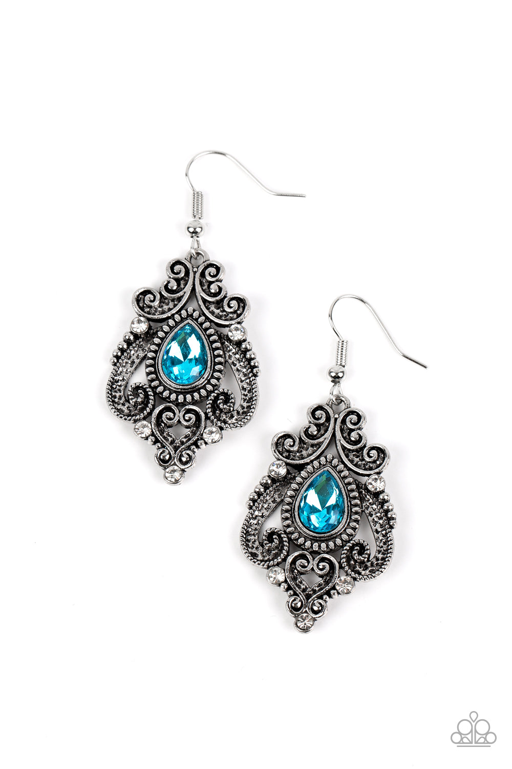 Dotted with hints of glassy white rhinestones, studded and antiqued silver bars whirl into a regal heart shaped motif around a glittery blue teardrop center for a romantic finish. Earring attaches to a standard fishhook fitting. 