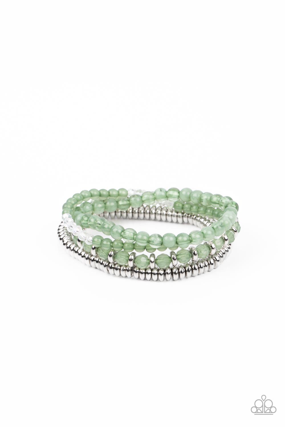 A mismatched collection of opaque and crystal-like Basil beads intermix with silver accents and white crystal-like beads along stretchy bands around the wrist, creating colorful layers.