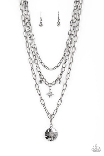 Three gritty gunmetal chains layer down the chest. Flanked by a pair of hammered gunmetal stars, a white rhinestone dotted star swings from the centermost chain above a hammered gunmetal frame twinkling with a white rhinestone dotted star design for a stellar finish. Features an adjustable clasp closure.