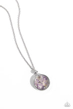 Load image into Gallery viewer, Pieces of amethyst stones shift back and forth inside a glassy frame encased in a silver compass-like fitting, resulting in a dramatically earthy pendant at the bottom of an extended silver chain. Features an adjustable clasp closure.
