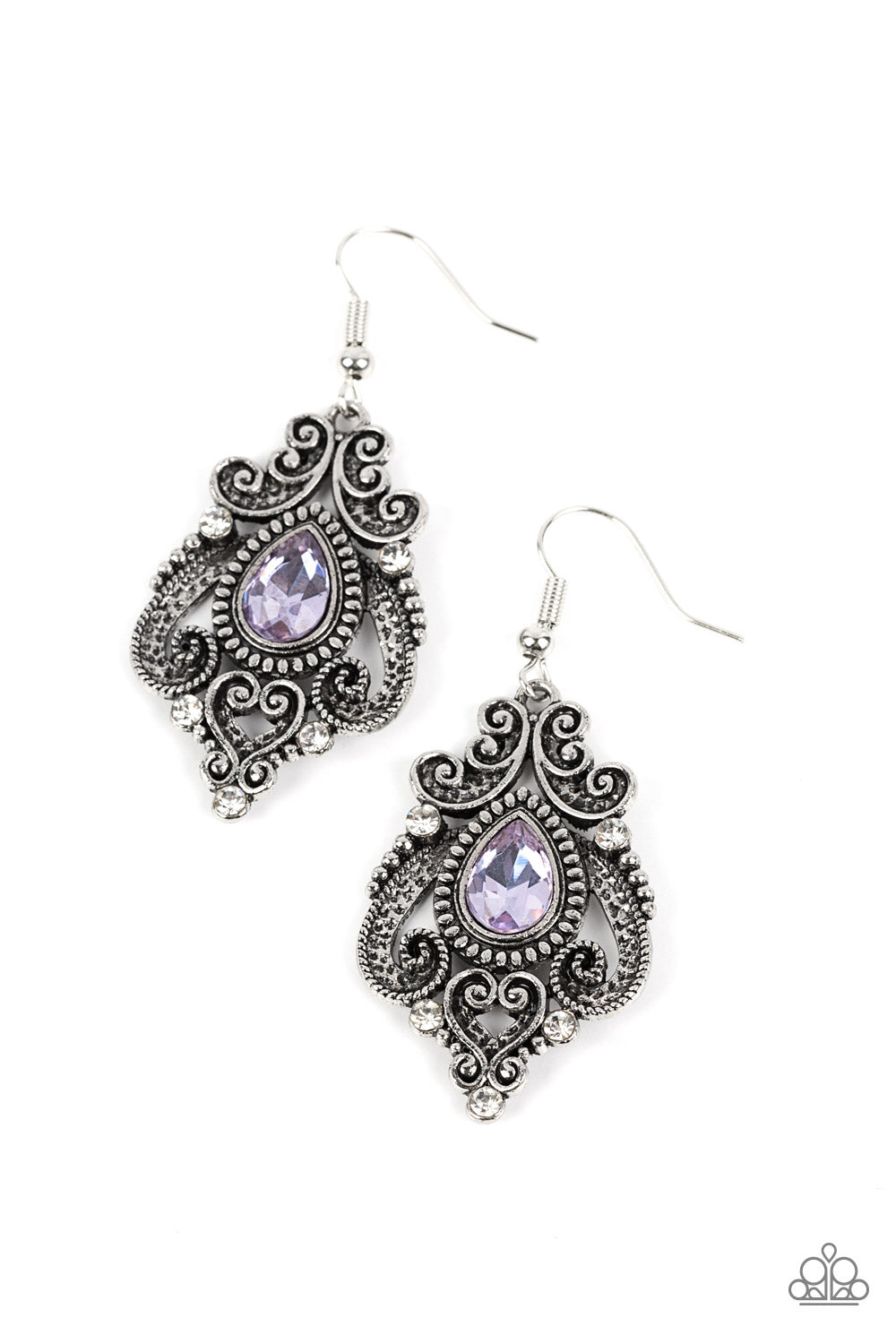 Dotted with hints of glassy white rhinestones, studded and antiqued silver bars whirl into a regal heart shaped motif around a purple teardrop center for a romantic finish. Earring attaches to a standard fishhook fitting. 