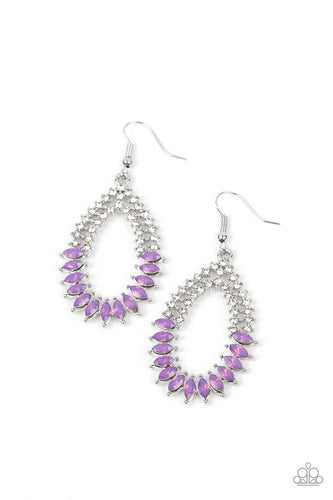 Encased in pronged silver fittings, marquise cut opaque purple gems twinkle at the bottom of two dainty rows of glassy white rhinestones that delicately arc into an ethereal teardrop frame. Earring attaches to a standard fishhook fitting.