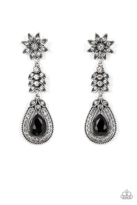 Dotted in dainty white rhinestones, a studded silver flower gives way to a leafy frame that is delicately suspended above a decorative white rhinestone dotted teardrop frame. An oversized black teardrop gem seemingly floats inside the center of the lowermost frame, adding timeless dazzle to the floral fairytale. Earring attaches to a standard post fitting.
