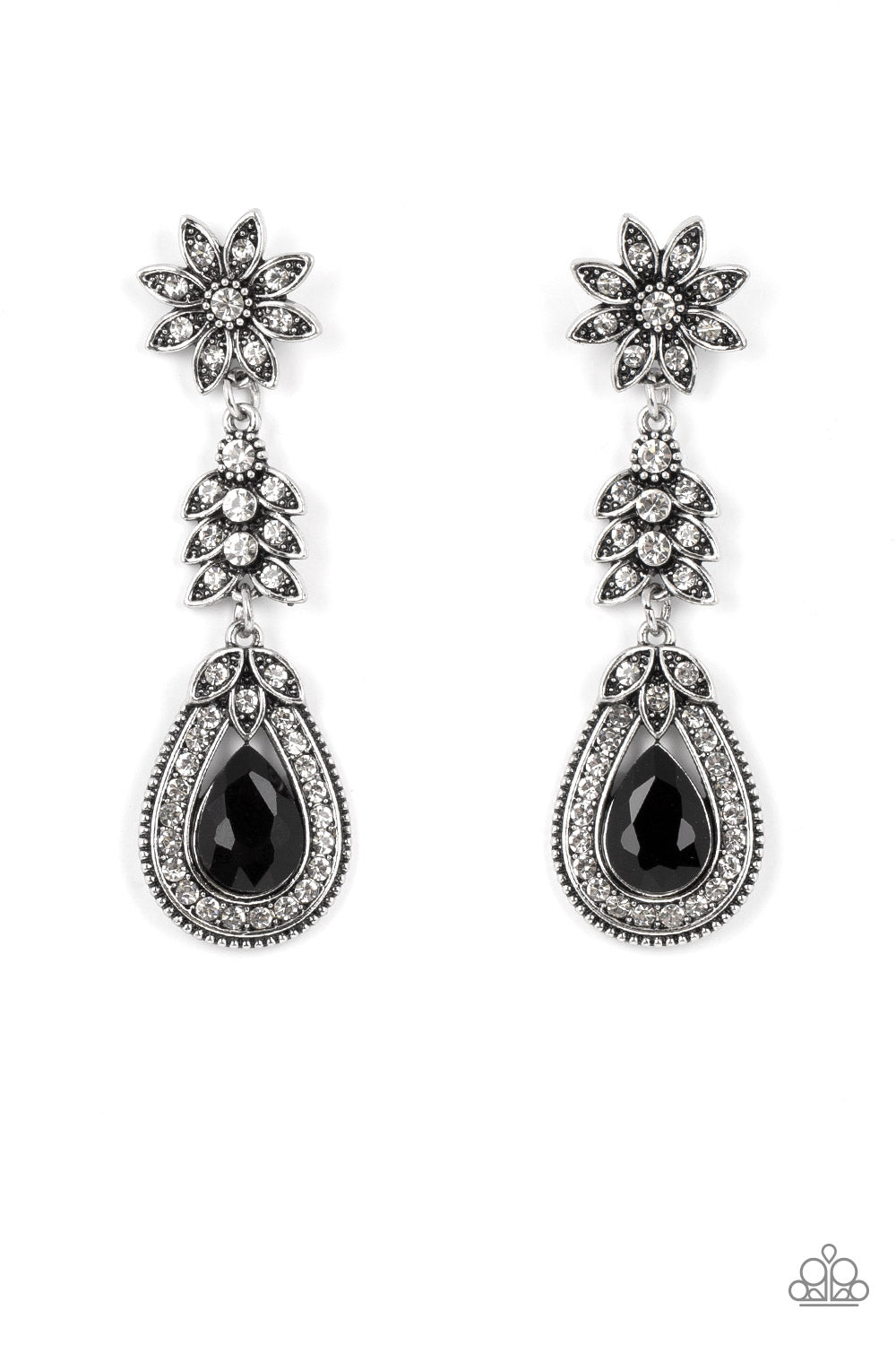 Dotted in dainty white rhinestones, a studded silver flower gives way to a leafy frame that is delicately suspended above a decorative white rhinestone dotted teardrop frame. An oversized black teardrop gem seemingly floats inside the center of the lowermost frame, adding timeless dazzle to the floral fairytale. Earring attaches to a standard post fitting.