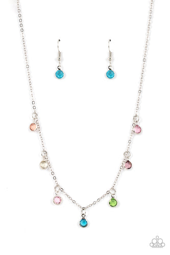 Encased in sleek silver fittings, a dainty collection of glassy multicolored gems twinkles along a dainty silver chain below the collar, creating a colorful fringe. Features an adjustable clasp closure.